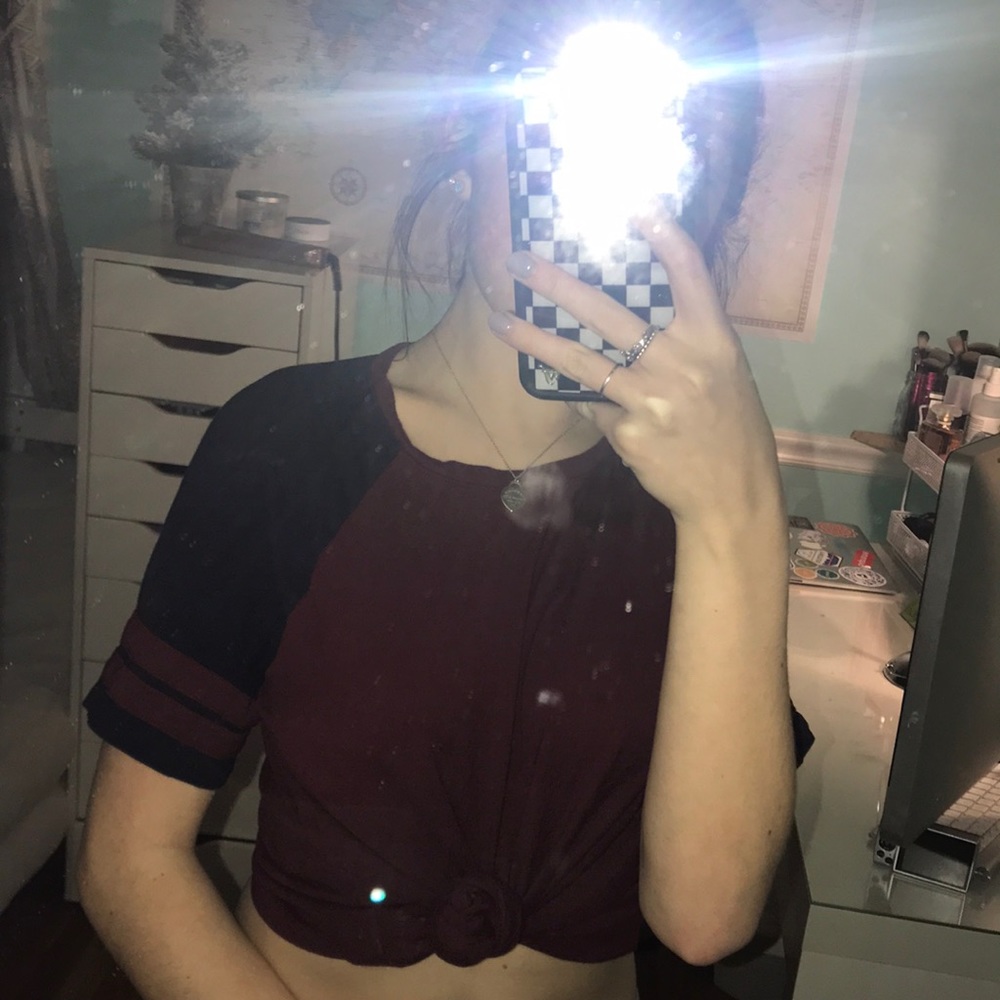 Varsity style maroon and navy blue T-shirt
